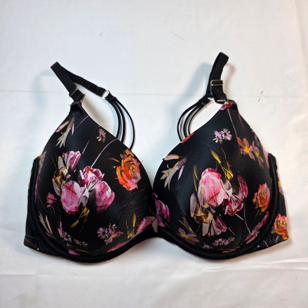 Victoria's‎ Secret Floral Push Up Bra Black Pink Multi-Strap Back 34DDD 0611